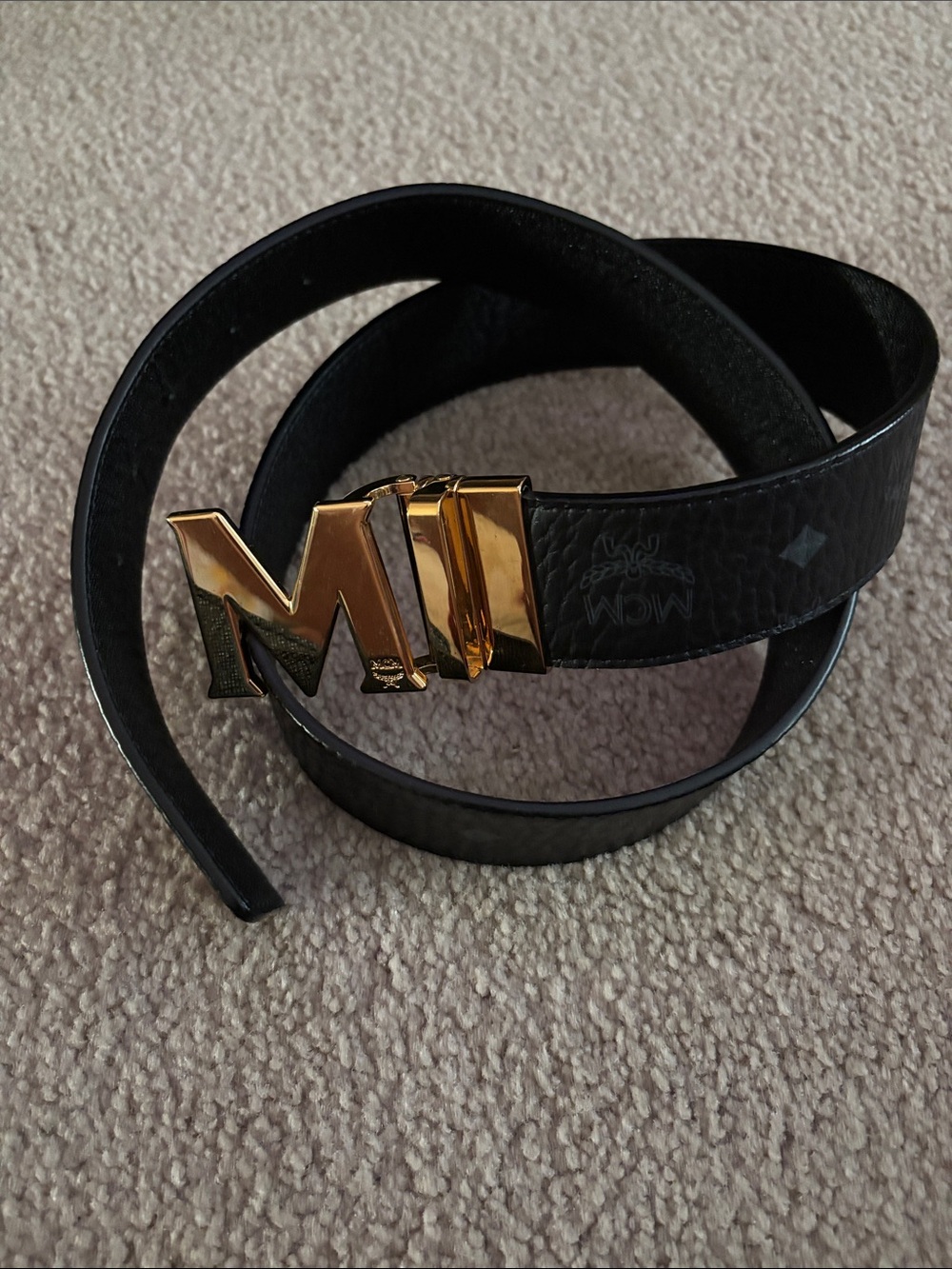 MCM Black Logo Belt with Gold M Buckle